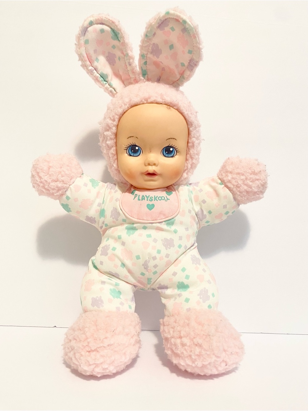 Playskool My Very Soft Baby Doll Bunny Ears 1992 Pink White Vintage Cloth Lovey